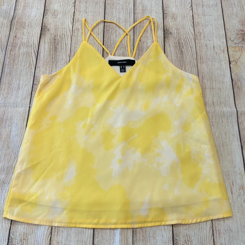 Vero Moda VMLOTTE Yellow Tie Dye Strappy Back V-Neck Camisole Top XS 10231038